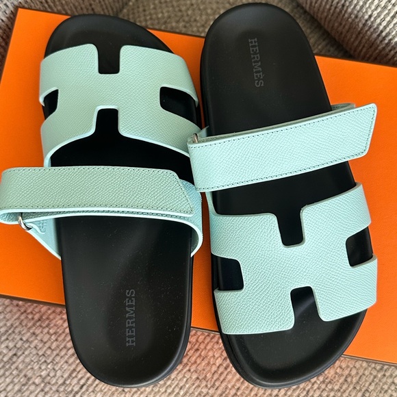 SNIB HERMÈS Bleu Cristaux Epsom Women’s Chypre Sandals - Picture 5 of 16